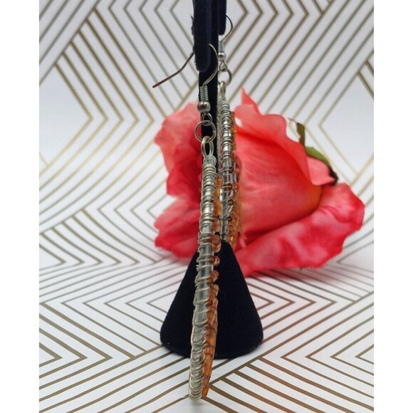 Pretty Large Silver Tone & Amber Color Seed Bead Statement Hoop Earrings Dangle - Picture 5 of 7